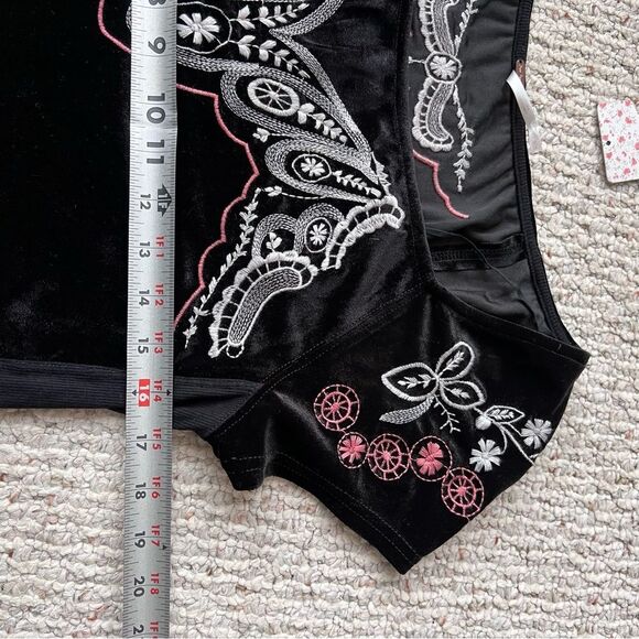 Free People Party Train Top Black Velvet Embroidered Floral Stretch - Picture 10 of 12